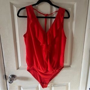 Marilyn Monroe Bright Orange Ruffled Deep V-Neck Women’s Bodysuit Size Medium.